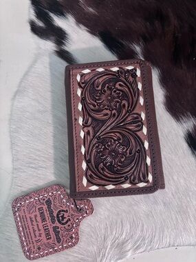 Genuine Leather Tooled Floral Wallet - Brown